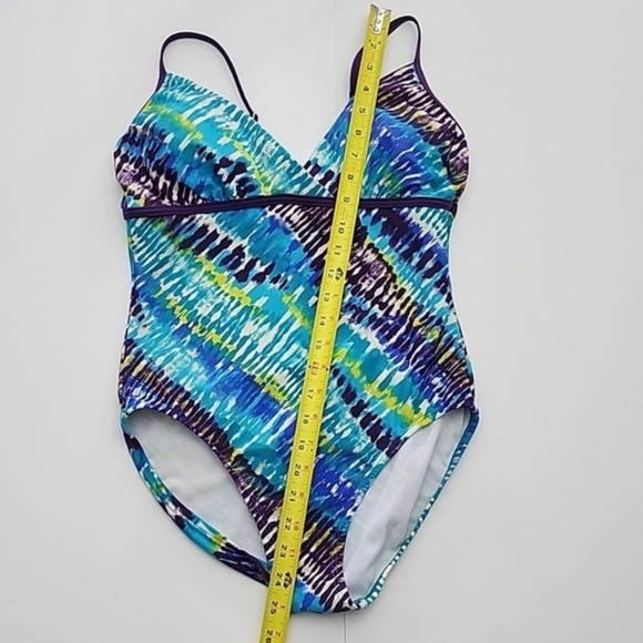 Speedo One Piece Swimsuit Multi Blue Teal  Trim V-Neck Adjustable Straps Size 8 - Picture 12 of 14